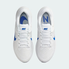 Top-down view of a pair of Nike Air Zoom Structure 24 Men's running shoes in white, highlighting their streamlined silhouette and lace-up closure.
