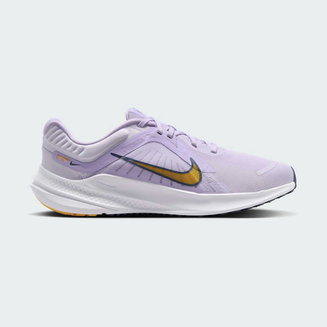 Nike Quest 5 Women's Purple Running Shoes DD9291-500 side view showing breathable purple mesh upper with gold Swoosh and cushioned midsole
