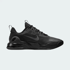 Nike Air Max Alpha Trainer 5 Men's shoes in black and dark smoke grey, side profile showing visible Max Air unit in the heel, durable mesh upper, and supportive overlays.