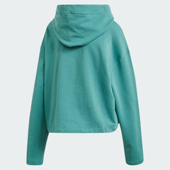 Adidas Premium Hoodie Trefoil Overhead Women's in noble green, back view showcasing the plain design and the hood.