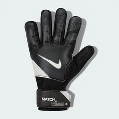 Black and gray soccer glove with Nike logo on a light gray background
