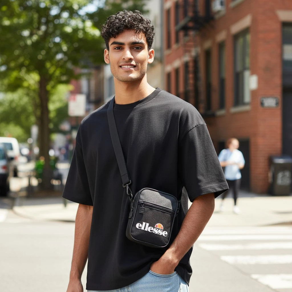 Person wearing the Ellesse Templeton Crossbody Bag in black, demonstrating its hands-free, convenient fit.