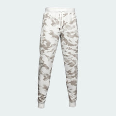 Under Armour Rival Fleece Camo Track Pants Men's in onyx white camouflage print, front view showing the tapered leg, elastic drawcord waist, and front pockets.