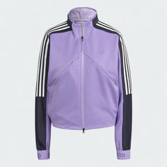Adidas Tiro Track Top Women's in purple, front view showing the full zip, stand-up collar, white 3-Stripes on sleeves, and Adidas logo on the chest.