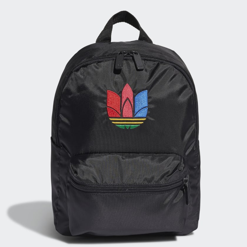 Adidas Originals Adicolor Classic Backpack Small in black, front view showing the main zip compartment and the iconic white Trefoil logo.