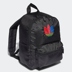 Side profile of the Adidas Originals Adicolor Classic Small Backpack in black, highlighting its compact depth and clean lines.