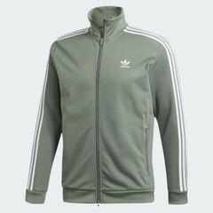 Adidas Beckenbauer Track Jacket Men's in trace green, front view showing full zip, ribbed stand-up collar, and small embroidered Trefoil logo on the chest.
