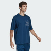 Front view of the adidas Originals Trefoil Outline T-Shirt Men's in Legend Marine, emphasizing the iconic Trefoil outline logo and ribbed crewneck design.