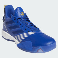 Angled view of two Adidas T-Mac Millennium men's sneakers in blue side, showcasing their retro design and bold profile.