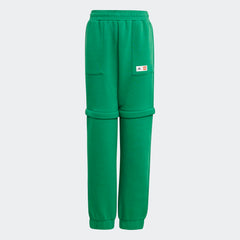 adidas x LEGO Kids' Fleece Track Pants GN6803 front view showing green fleece and LEGO-inspired design