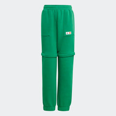 adidas x LEGO Kids' Fleece Track Pants GN6803 front view showing green fleece and LEGO-inspired design