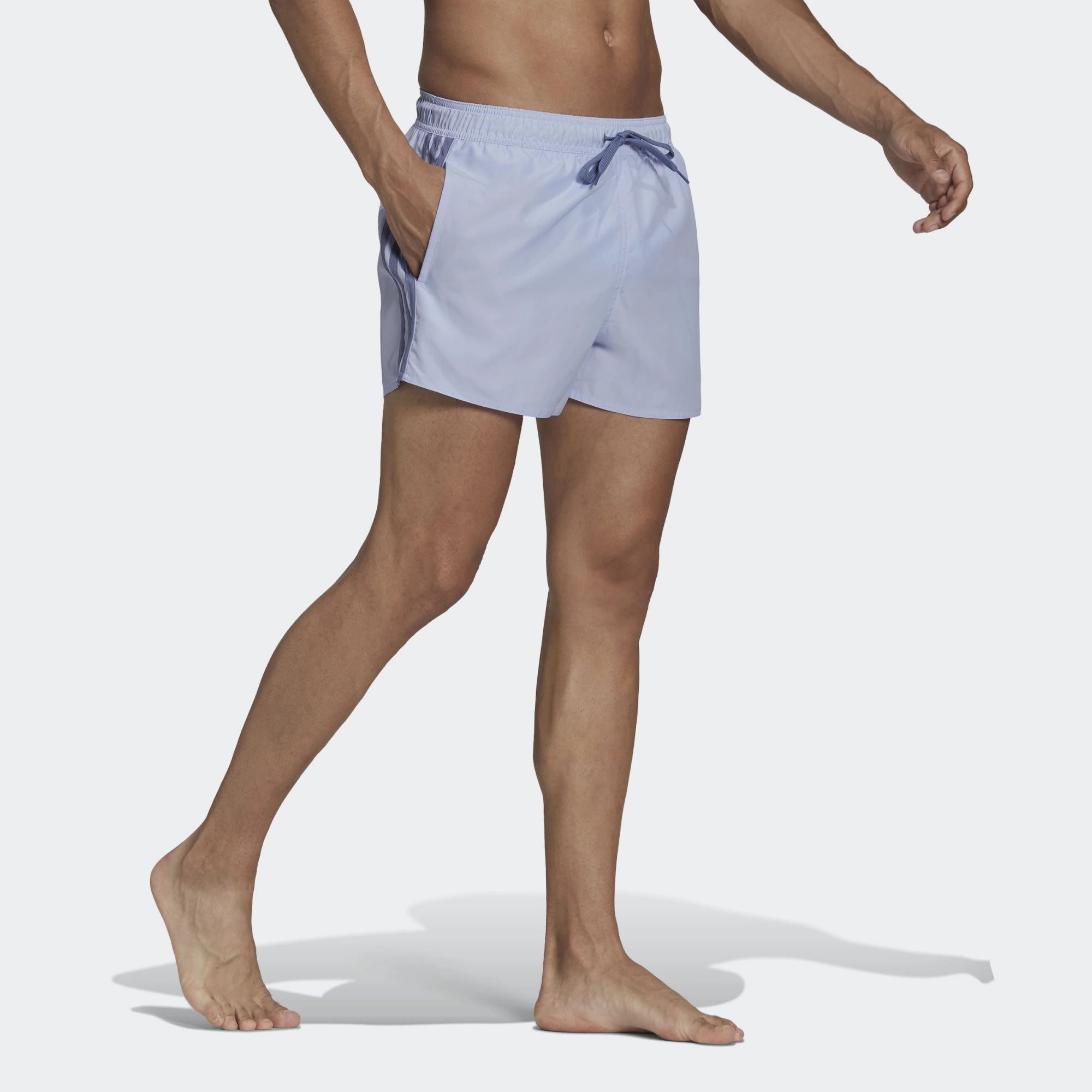 adidas Classic 3-Stripes Men's Swim Shorts GU0322 worn standing showing athletic fit and vibrant colour