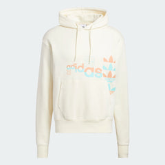 Adidas Logo Play Hoodie Men's in cream white, front view showing the unique Adidas logo graphic on the chest and a kangaroo pocket.