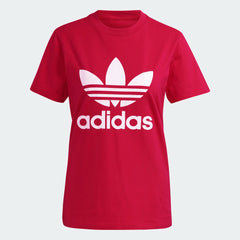 adidas Adicolor Trefoil Women's Tee H33563 front view showing red fabric and white Trefoil logo