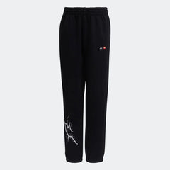 Black Adidas track pants with a white and red graphic on the left leg, featuring an elastic waistband with a drawstring and Adidas branding on the upper left.