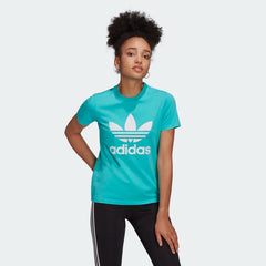 adidas Adicolor Women's Trefoil T-Shirt HE6869 worn standing showing casual fit and logo placement
