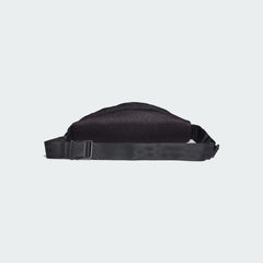 Adidas Adventure Waist Bag in black, back view showing the adjustable waist belt with buckle closure.