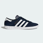 adidas Hamburg Men's S74838 side view showing navy suede upper and white 3-Stripes