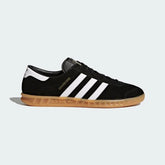 adidas Hamburg Men's S76696 side view showing black suede upper and white 3-Stripes