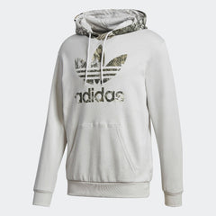 Adidas Originals Men's Camouflage Hoodie Sweater, front view showing the al-lover green camo print, kangaroo pocket, and a white Trefoil logo on the chest.