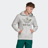 Adidas Originals Men's Camouflage Hoodie Sweater, front view showing the al-lover green camo print, kangaroo pocket, and a white Trefoil logo on the chest.