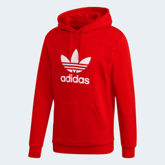 Adidas Trefoil Hoodie Overhead Men's in red, front view showing large white Trefoil logo on the chest and a kangaroo pocket.