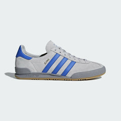 adidas Jeans Men's Grey Suede Trainers CQ2769 side view showing grey suede upper with blue 3-Stripes and gum sole