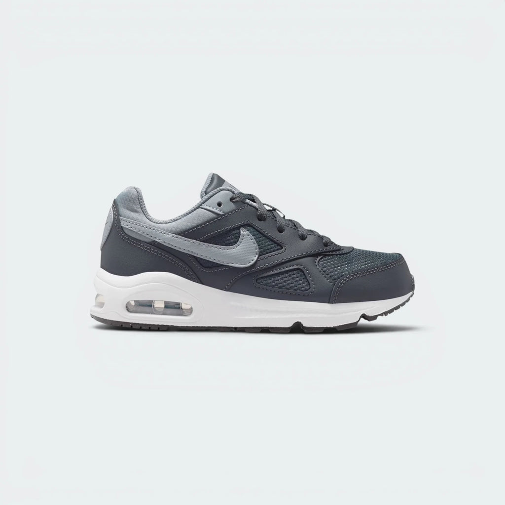 Highlights the high-velocity white Nike Swoosh slashing across the professional depth of the grey panelled upper and the embedded visible Max Air window.