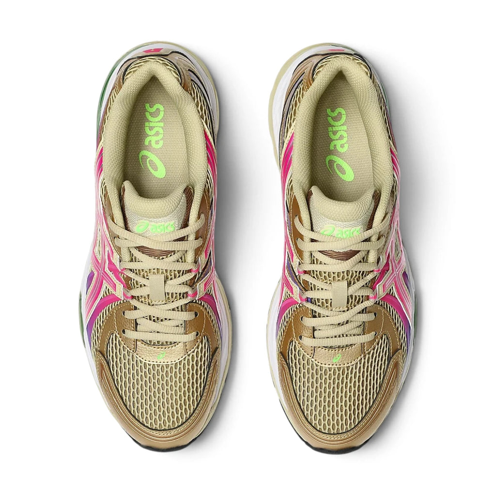 Top-Down View of Pair: Overhead view looking down at the laced sand-coloured trainers, displaying the flat tonal laces, breathable mesh tongue, and comfortable branded insole.