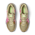 Top-Down View of Pair: Overhead view looking down at the laced sand-coloured trainers, displaying the flat tonal laces, breathable mesh tongue, and comfortable branded insole.