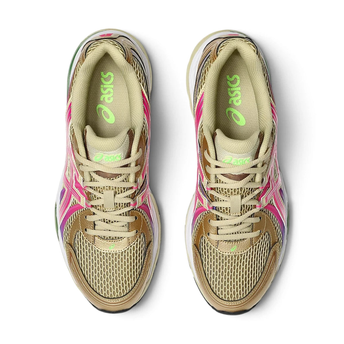 Top-Down View of Pair: Overhead view looking down at the laced sand-coloured trainers, displaying the flat tonal laces, breathable mesh tongue, and comfortable branded insole.