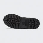 View of the outsole of the Timberland 6 Inch Premium Juniors' black boots, showing the rugged rubber lug pattern for superior traction.
