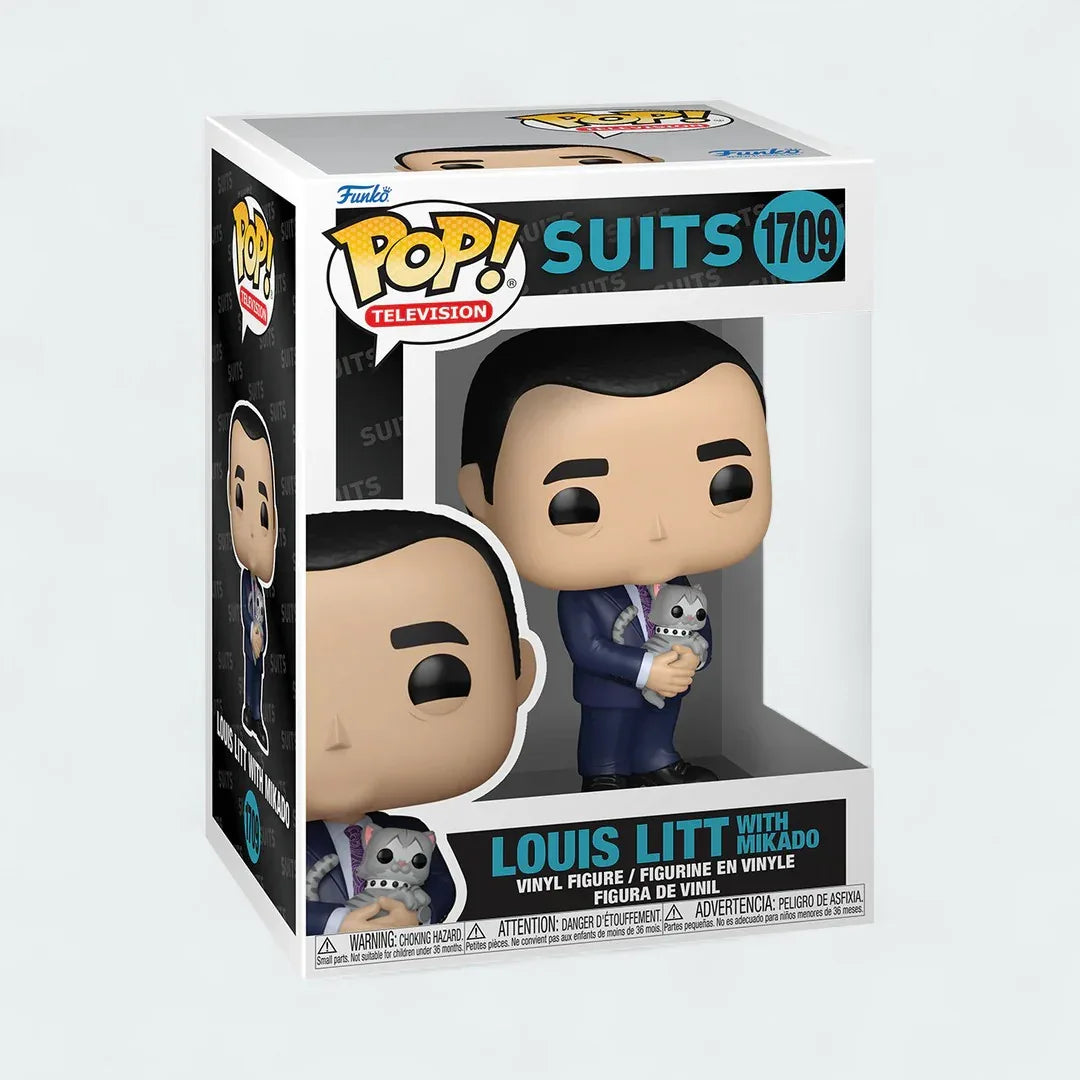 Funko! Television Louis Litt with Mikado #1709 vinyl figure in window display box, showing Louis in a suit holding a Mikado stick. Main image