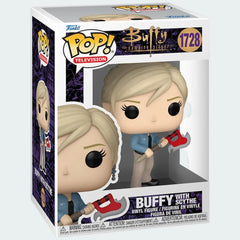 Funko Pop! Television Buffy the Vampire Slayer Buffy with Scythe #1728 vinyl figure in window display box, showing Buffy holding the Scythe.
