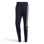 Navy blue Adidas jogger pants with white stripes on a light gray background