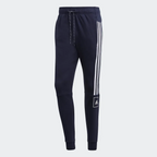 Navy blue Adidas jogger pants with white stripes on a light gray background