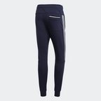 Navy blue jogger pants with white stripes on a light gray background
