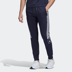 Navy tracksuit with white stripes and Adidas logo on a white background