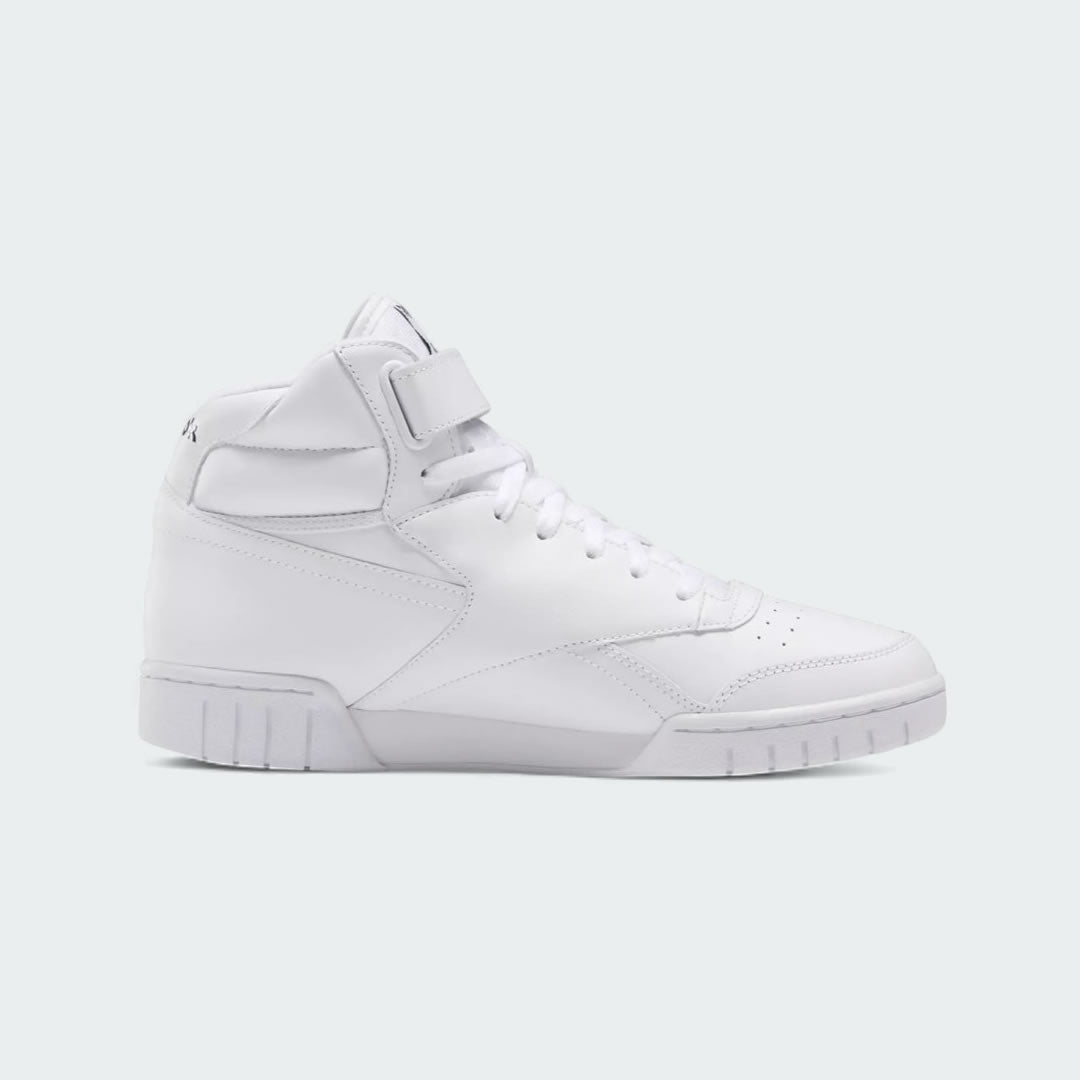 Reebok EX-O-FIT Hi Men's White Leather Trainers 3477 inside view showing high-top leather upper and ankle strap