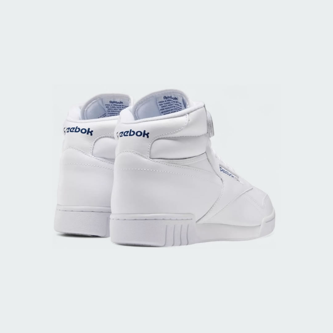 Reebok EX-O-FIT Hi Men's White Leather Trainers 3477 back view showing heel support and Reebok logo