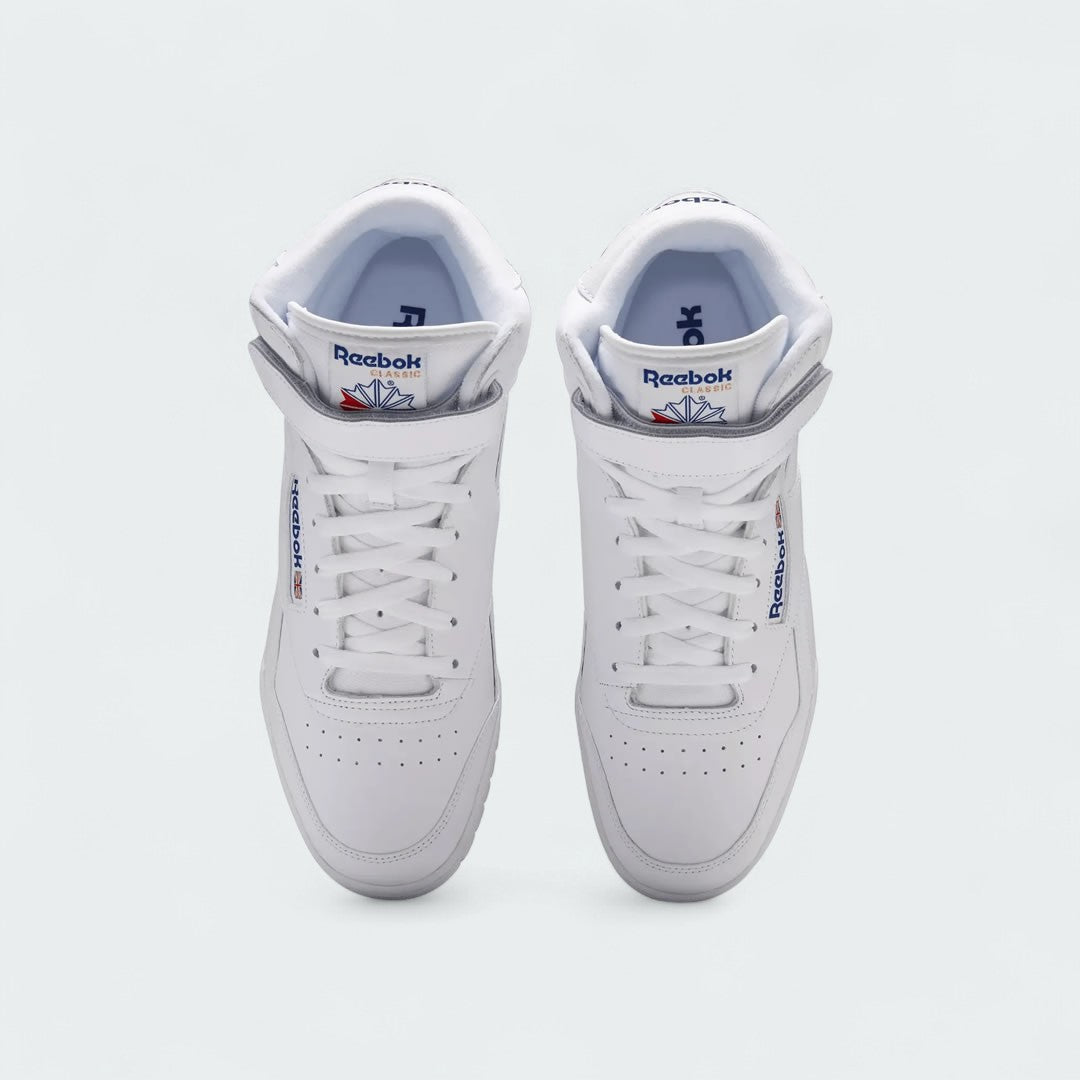 Reebok EX-O-FIT Hi Men's White Leather Trainers 3477 top view showing laces, tongue, and padded ankle collar