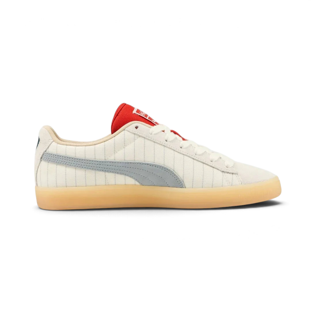 View of the outsole of the Puma Suede x Coca-Cola Unisex white trainers, inside of the shoes and pattern