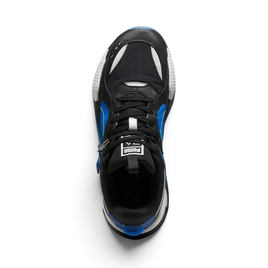 Top-down view of a pair of Puma RS-X x PlayStation Unisex trainers in black, highlighting the lace-up closure and co-branded tongue.