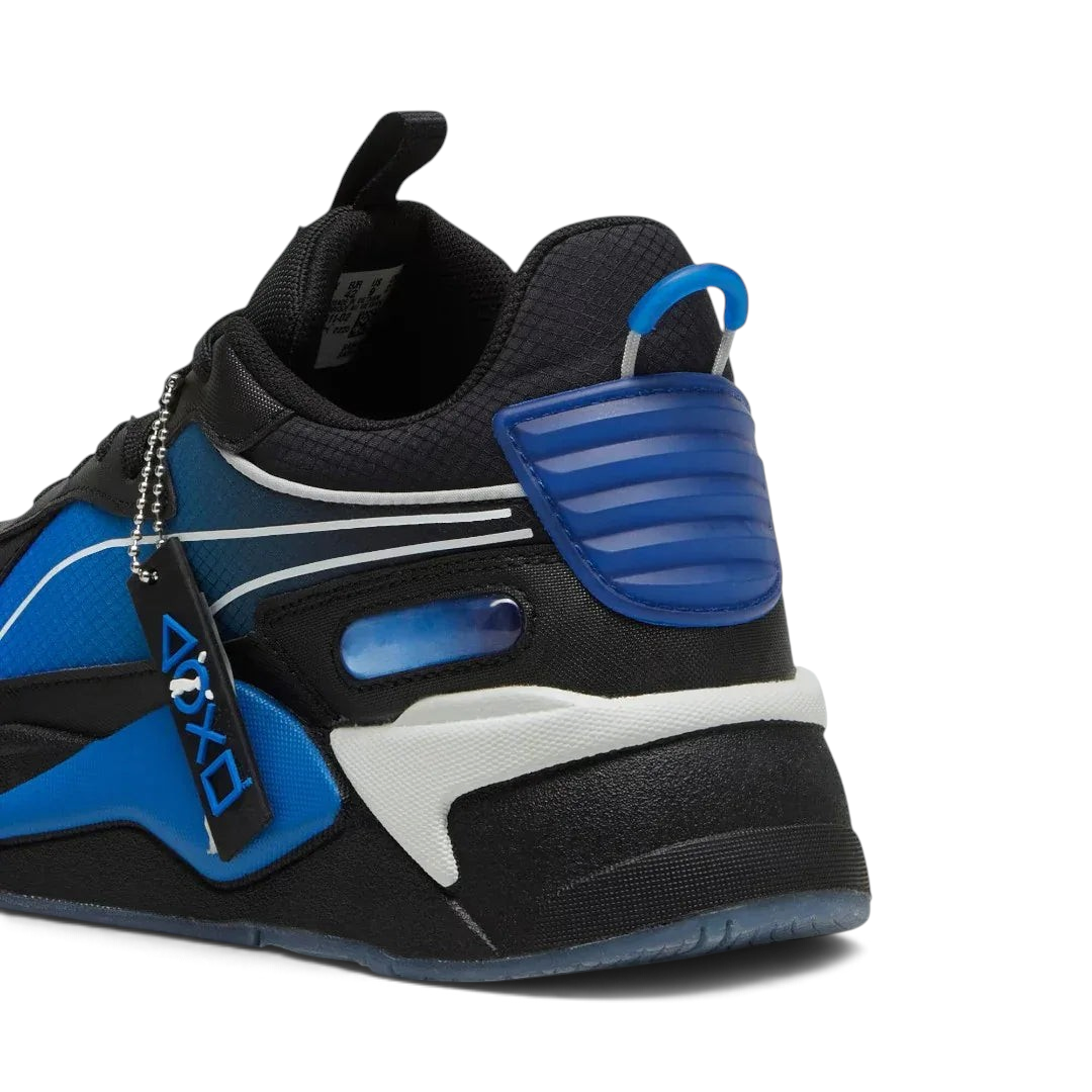 Rear view of the Puma RS-X x PlayStation Unisex trainers, focusing on the textured heel counter and PlayStation branding.
