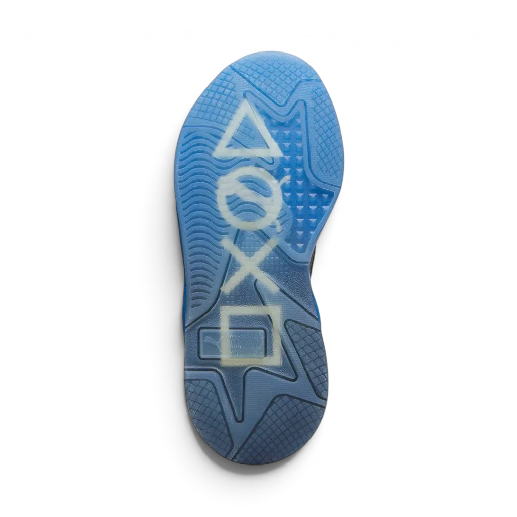 View of the outsole of the Puma RS-X x PlayStation Unisex black trainers, showing the durable rubber sole and gaming-inspired traction pattern.