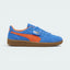 Highlights the high-velocity sweep of the flame orange leather Formstrip, showing the professional, rich sheen of the Hyperlink Blue suede upper and the shining gold foil Palermo branding flap.