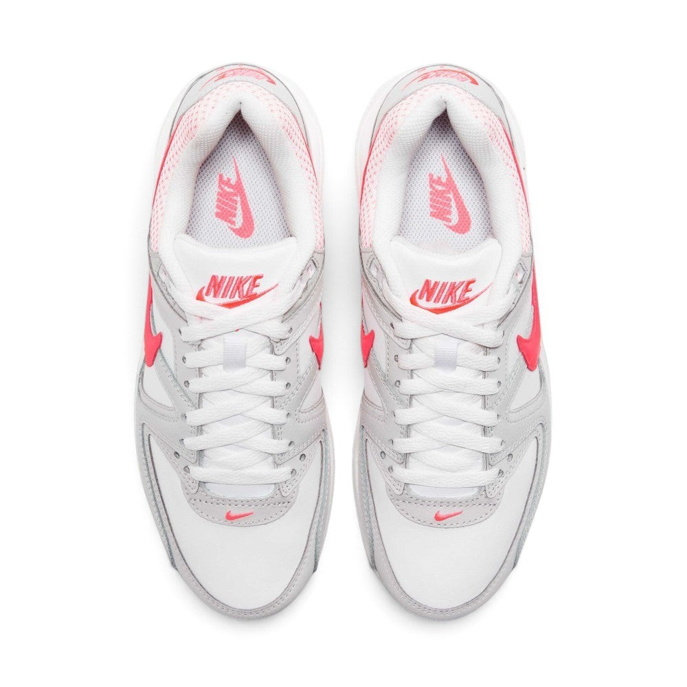 Focuses on the locked-in central lacing layout, displaying white mesh tongues, matching laces, Hyper Punch top eyelets, and insoles printed with Nike Air Max logos.