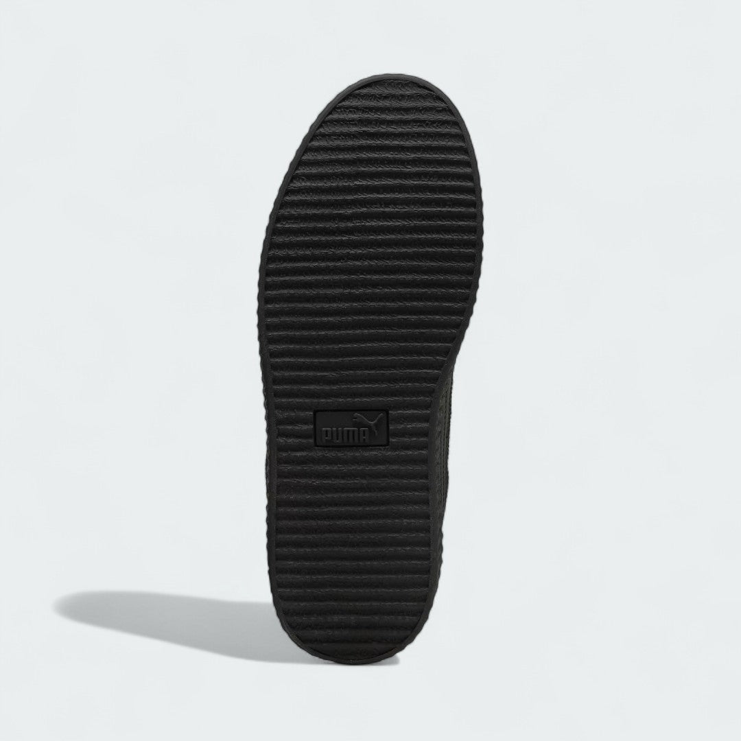 View of the outsole of the Puma Creeper Phatty x Fenty Women's trainers, showing the thick rubber platform sole and tread pattern.