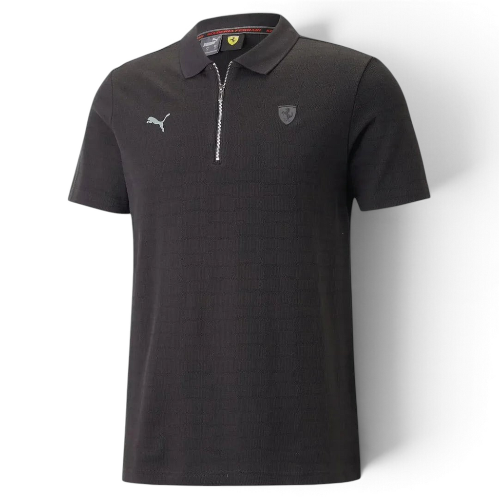 Puma Ferrari Style Jacquard Polo Men's in black, front view showing the classic collar, two-button placket, Ferrari badge, and Puma logo.