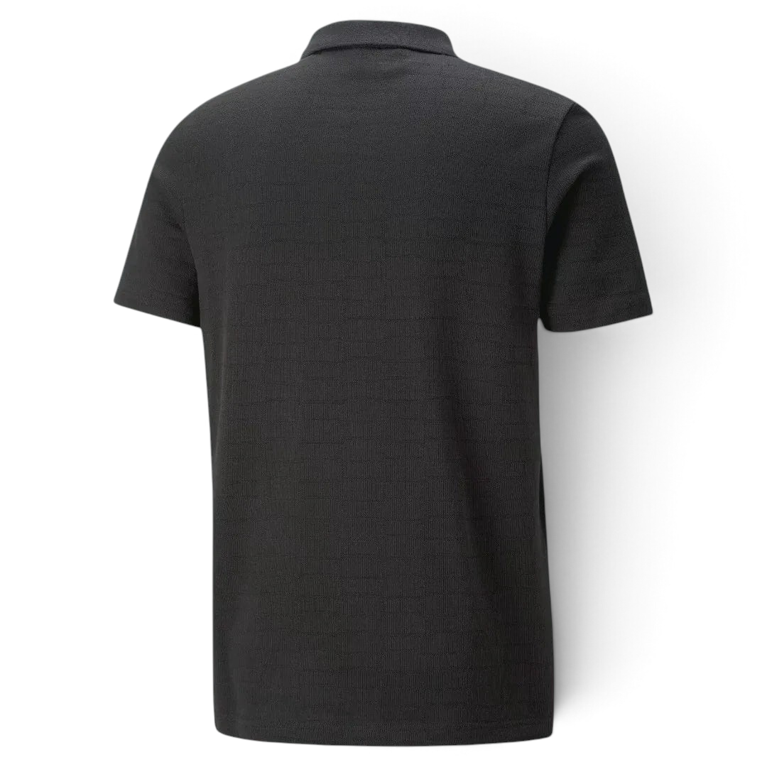 Puma Ferrari Style Jacquard Polo Men's in black, back view showcasing the clean design and subtle jacquard pattern.